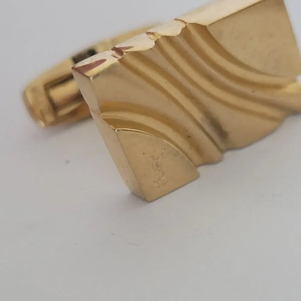 Yves Saint Laurent YSL Gold Tone Silver 925 Logo Cufflinks Designer Retro